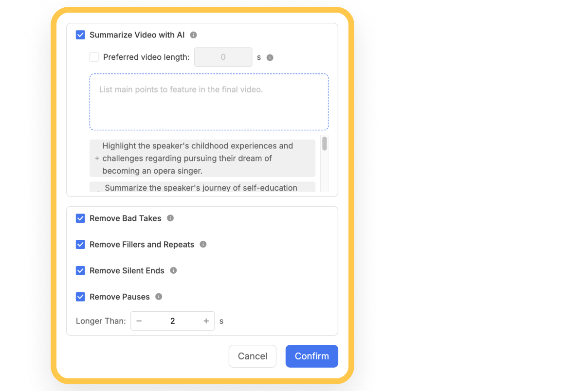Auto cut settings in Visla text-based video editing with options to remove bad takes, filler words, and long pauses.